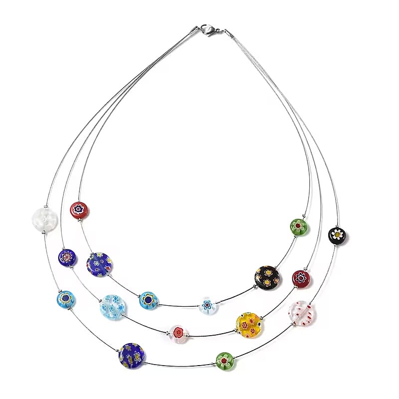 Multi Color Murano Style Layered Station Necklace in Stainless Steel (18,20,22 Inches)