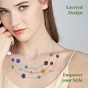 Multi Color Murano Style Layered Station Necklace in Stainless Steel (18,20,22 Inches)