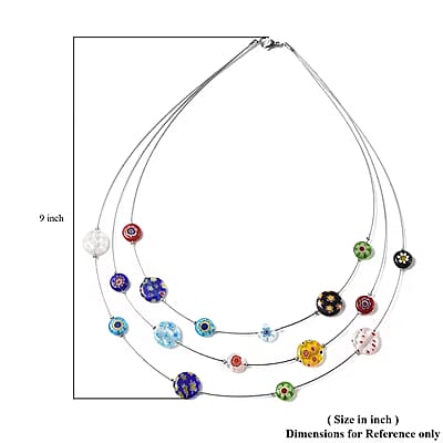 Multi Color Murano Style Layered Station Necklace in Stainless Steel (18,20,22 Inches)