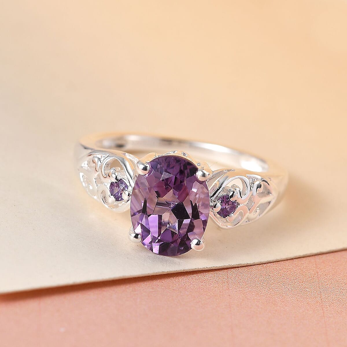 D'Joy Rose De France Amethyst Ring, Simulated Purple Diamond Accent Ring, Heart Ring, Sterling Silver Ring, Birthday Gift 1.85 ctw image number 4