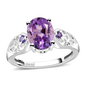 D'Joy Rose De France Amethyst, Simulated Purple Diamond 1.85 ctw Accent Ring, Heart Ring, Sterling Silver Ring, Birthday Gift (Size 6.00)