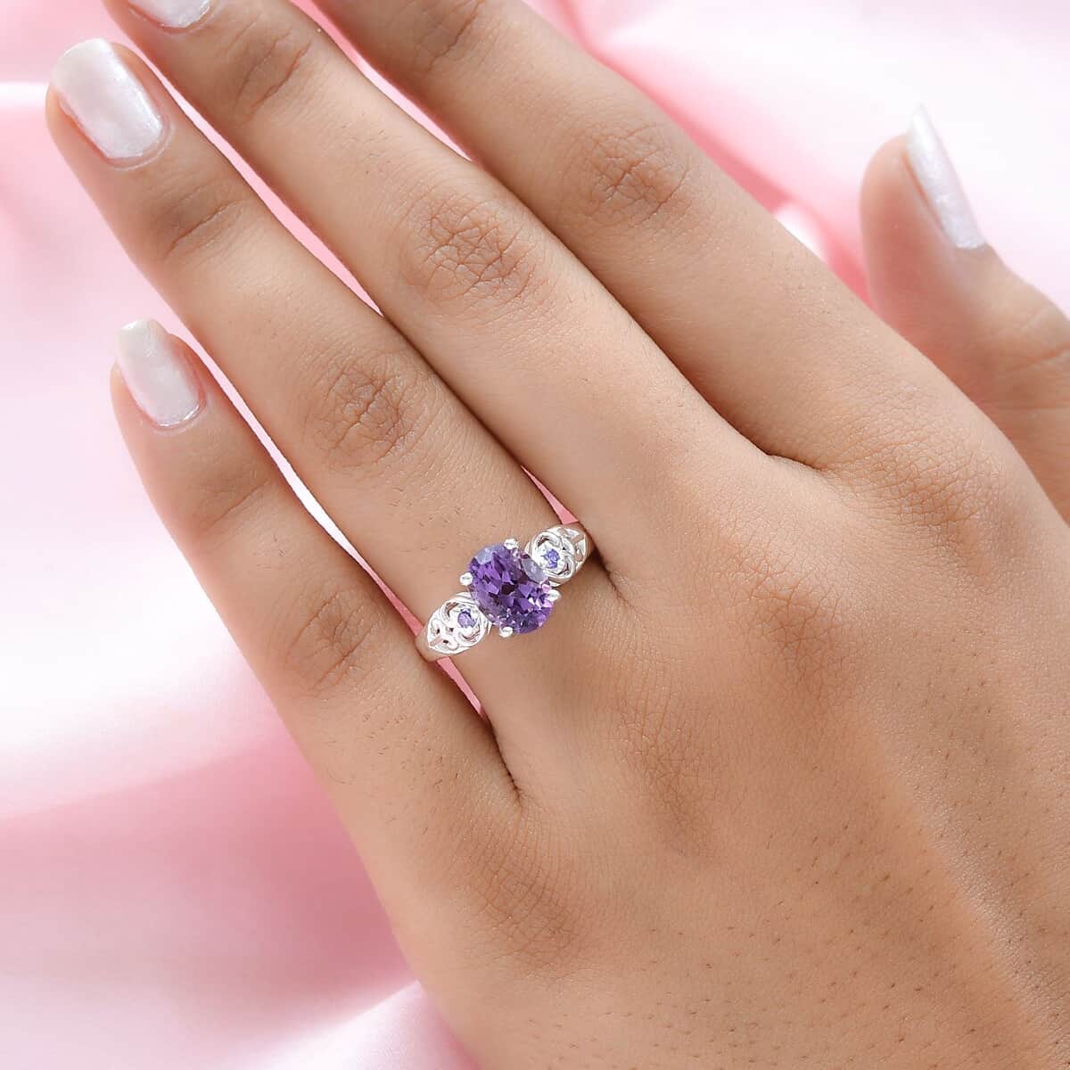 Rose De France Amethyst Ring, Simulated Purple Diamond Accent Ring, Heart Ring, Sterling Silver Ring, Birthday Gift 1.85 ctw image number 1