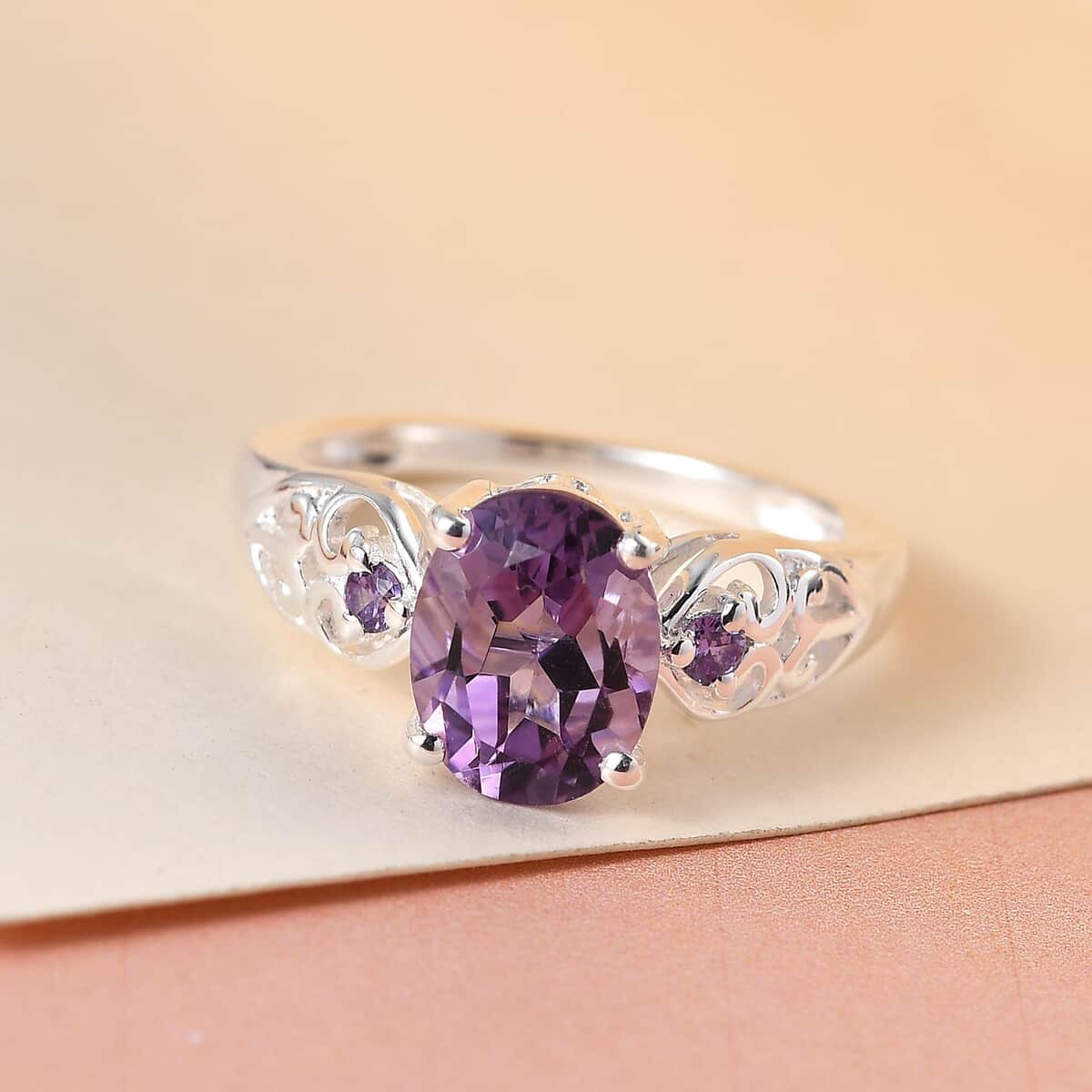 Rose De France Amethyst Ring, Simulated Purple Diamond Accent Ring, Heart Ring, Sterling Silver Ring, Birthday Gift 1.85 ctw image number 4
