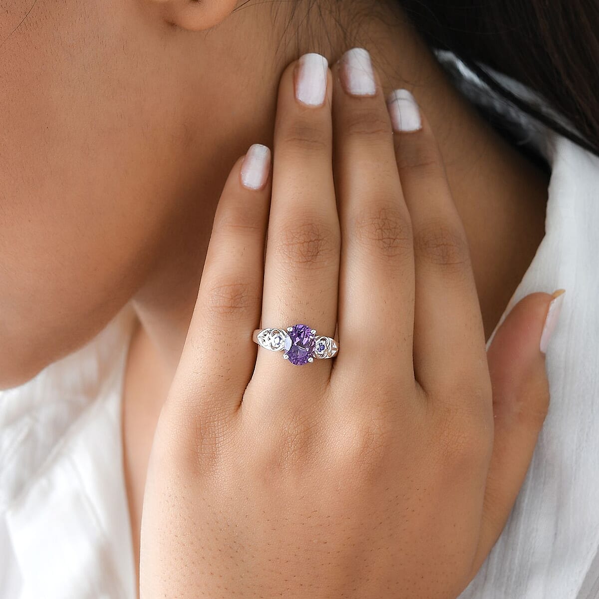 D'Joy Rose De France Amethyst Ring, Simulated Purple Diamond Accent Ring, Heart Ring, Sterling Silver Ring, Birthday Gift 1.85 ctw image number 2