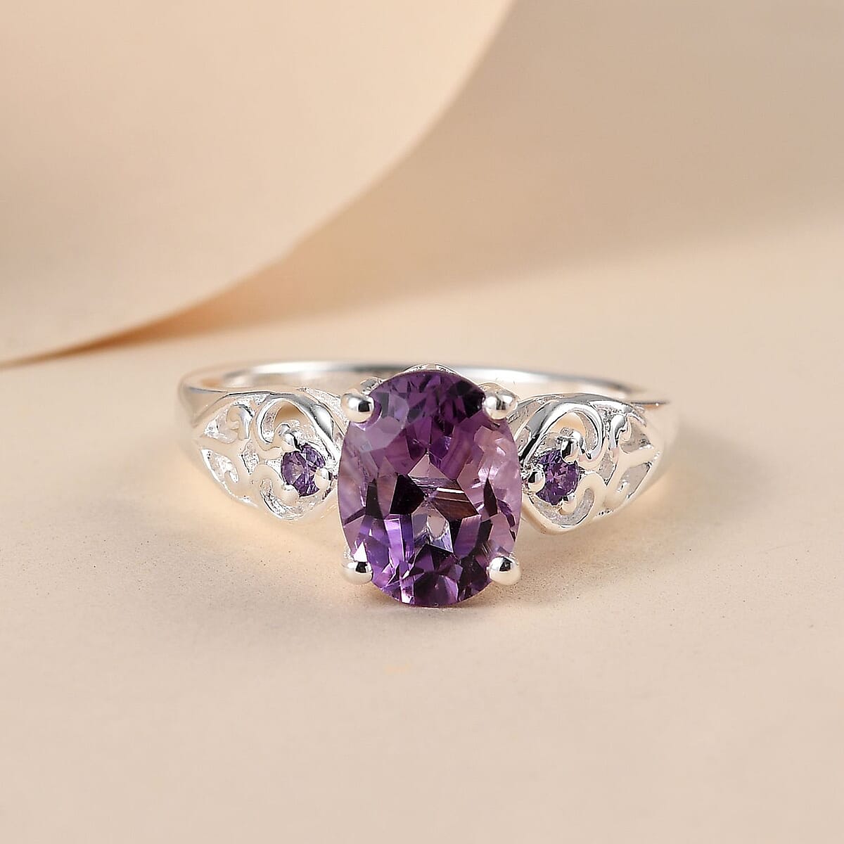 D'Joy Rose De France Amethyst Ring, Simulated Purple Diamond Accent Ring, Heart Ring, Sterling Silver Ring, Birthday Gift 1.85 ctw image number 3