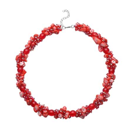 Red Shell and Faceted Beaded Necklace 20-23 Inch in Silvertone image number 0