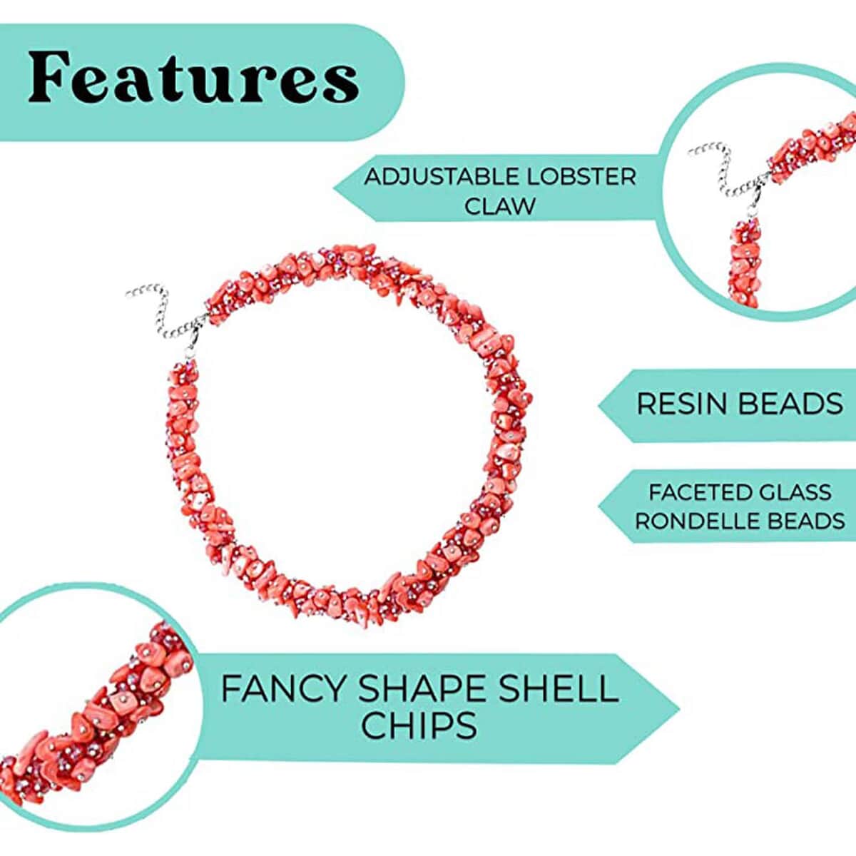 Red Shell and Faceted Beaded Necklace 20-23 Inch in Silvertone image number 4