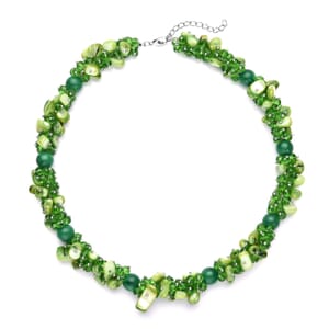 Green Shell Seed Bead Necklace, Silvertone Necklace, Green Multi Strand Statement Necklace For Women, Birthday Gifts For Women, Necklace 20-23 Inch