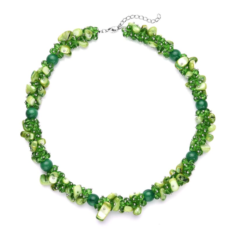Green Shell Seed Bead Necklace, Silvertone Necklace, Green Multi Strand Statement Necklace For Women, Birthday Gifts For Women, Necklace 20-23 Inch