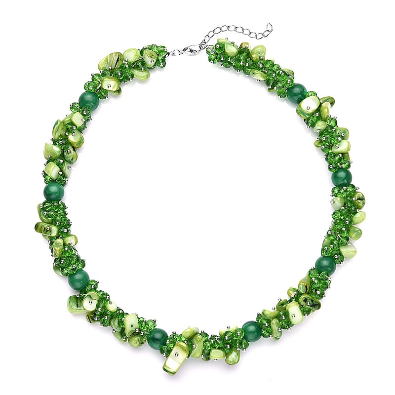 Green Shell Seed Bead Necklace, Silvertone Necklace, Green Multi Strand Statement Necklace For Women, Birthday Gifts For Women, Necklace 20-23 Inch