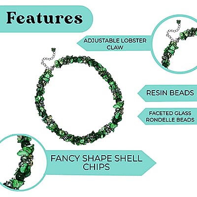 Green Shell Seed Bead Necklace, Silvertone Necklace, Green Multi Strand Statement Necklace For Women, Birthday Gifts For Women, Necklace 20-23 Inch