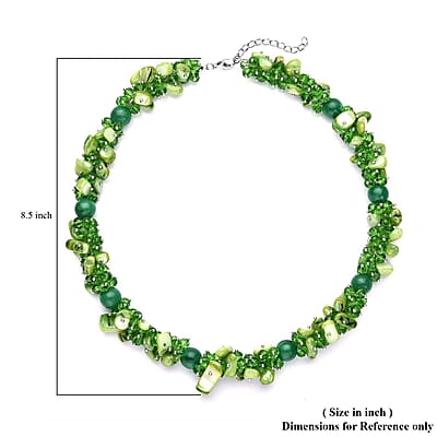Green Shell Seed Bead Necklace, Silvertone Necklace, Green Multi Strand Statement Necklace For Women, Birthday Gifts For Women, Necklace 20-23 Inch