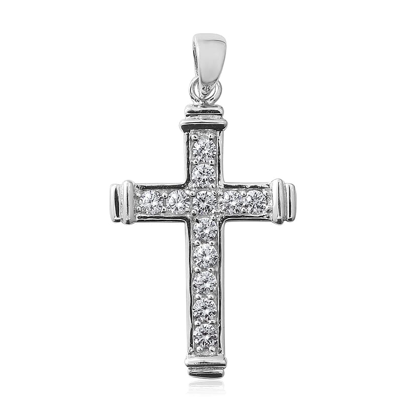 Simulated Diamond Cross Pendant without Chain in Sterling Silver