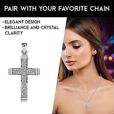 Simulated Diamond Cross Pendant without Chain in Sterling Silver