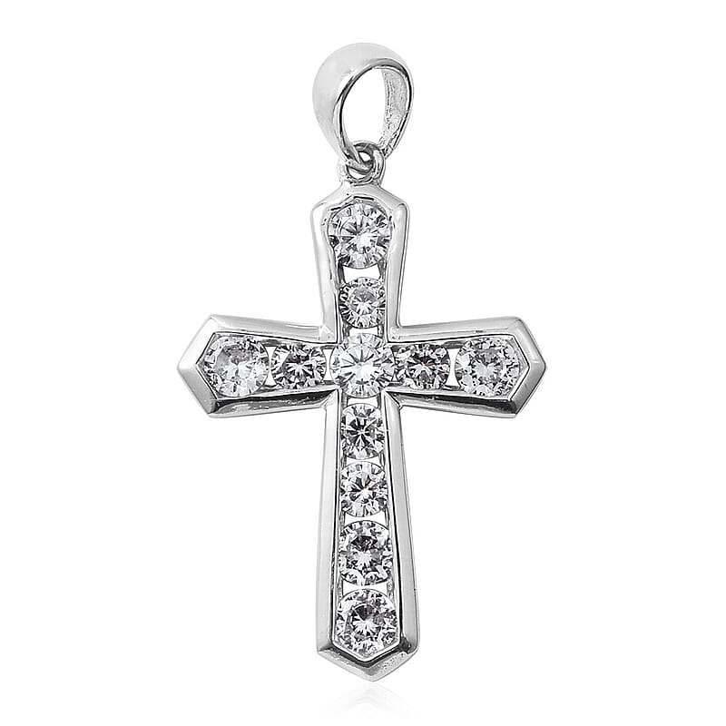 Simulated Diamond Cross Pendant without Chain in Sterling Silver For Men and Women