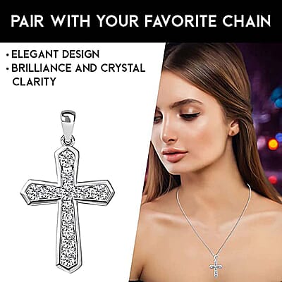 Simulated Diamond Cross Pendant without Chain in Sterling Silver For Men and Women
