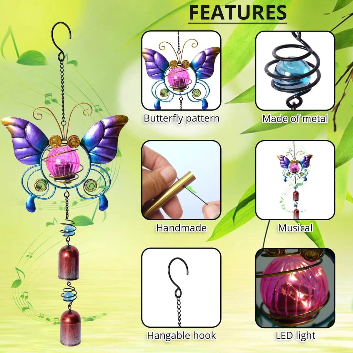 Purple Butterfly Solar Wind Chime (18 in) image number 2