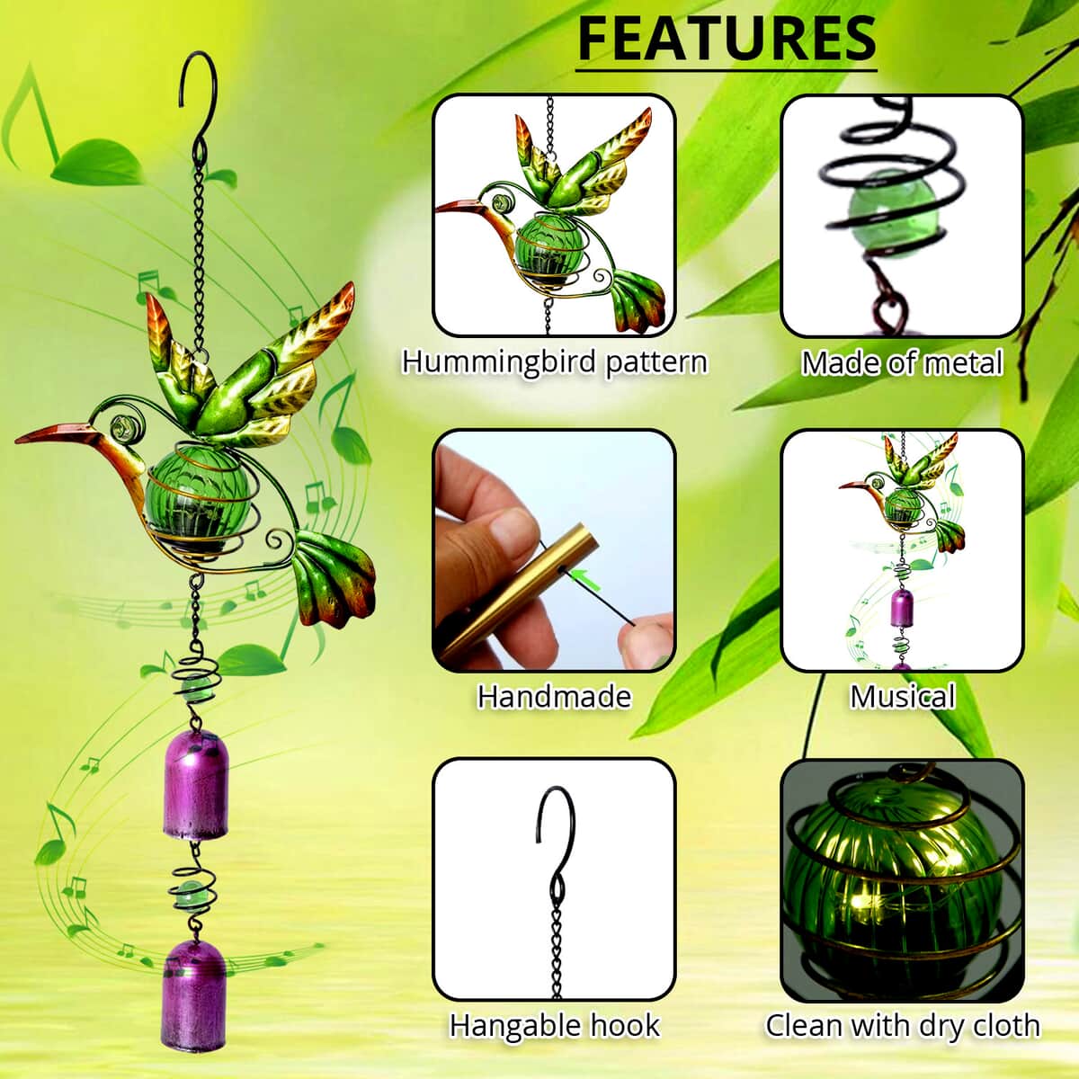 Green Hummingbird Solar Wind Chime image number 2
