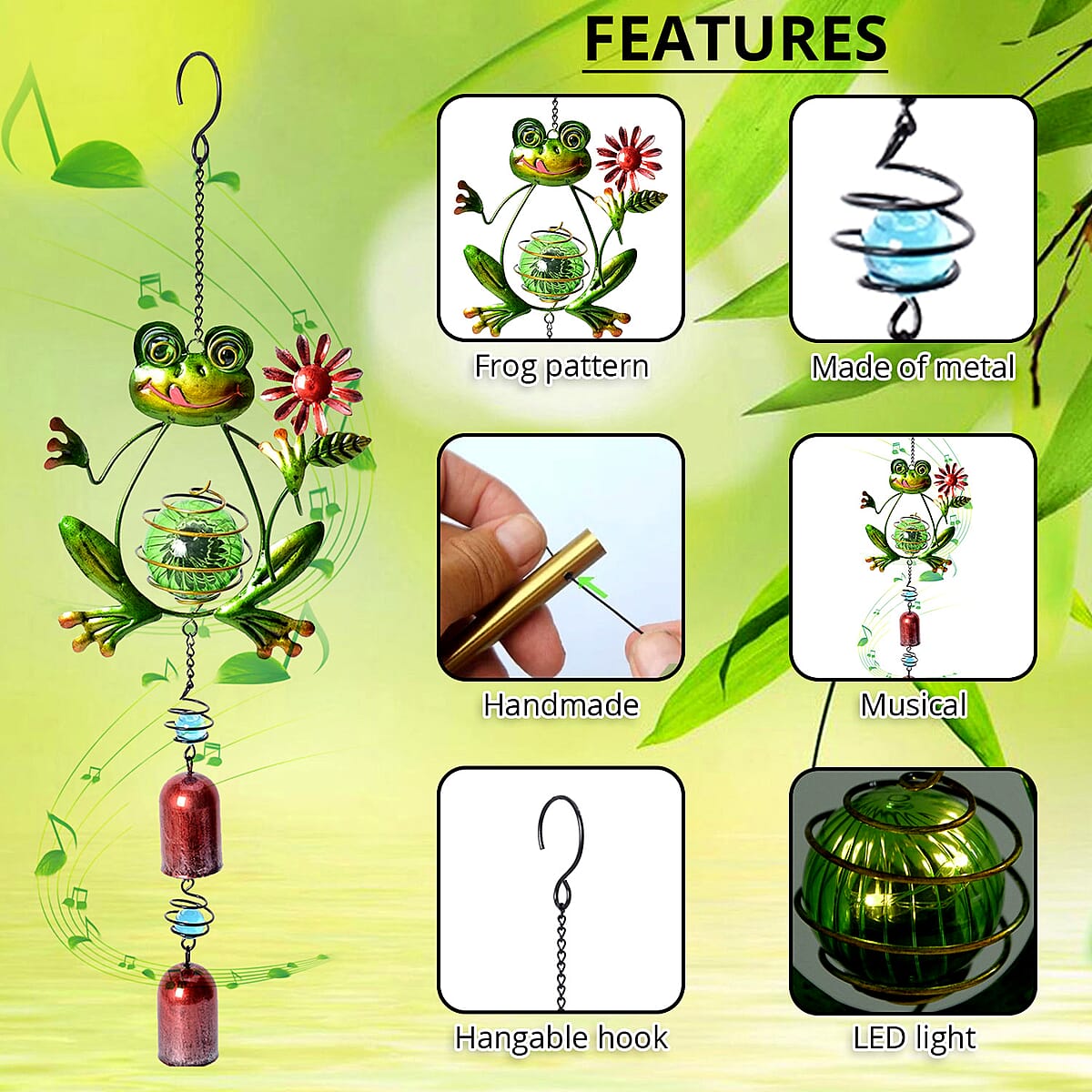 Green Frog Solar Wind Chime image number 2