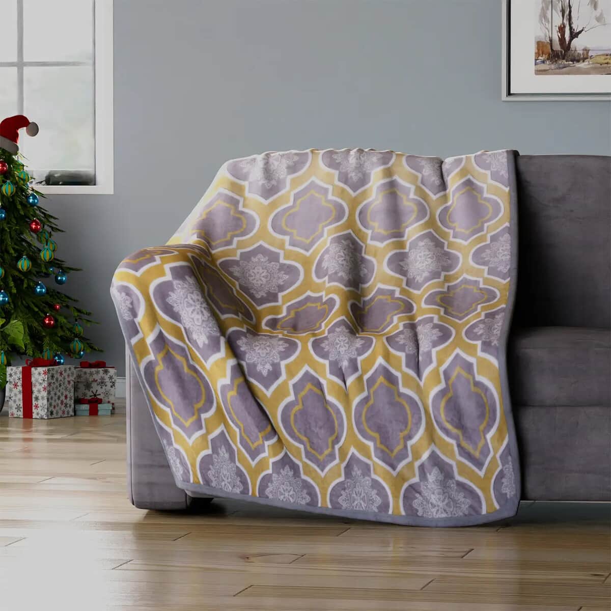 Homesmart Gray and Yellow Moroccan Pattern Flannel Oversized Throw Microfiber Soft Plush Fleece Lightweight Flannel with Knitted Border image number 6
