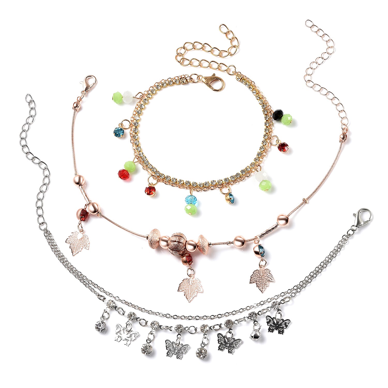 Set of 3 Multi Color Beaded, Austrian Crystal Charm Anklets (8-11in) in Multitone