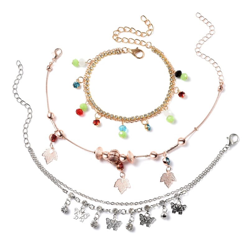 Set of 3 Multi Color Beaded, Austrian Crystal Charm Anklets (8-11in) in Multitone