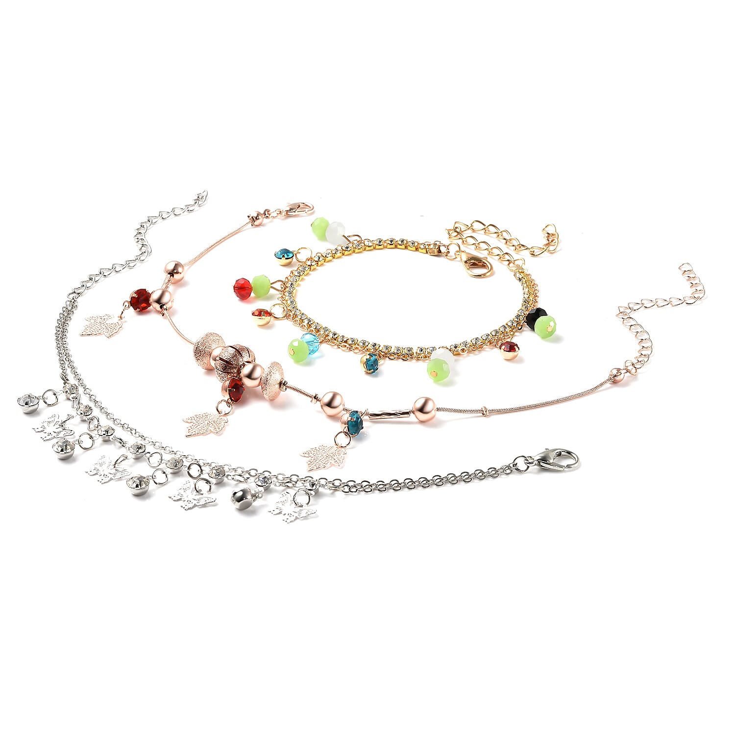 Set of 3 Multi Color Beaded, Austrian Crystal Charm Anklets (8-11in) in Multitone