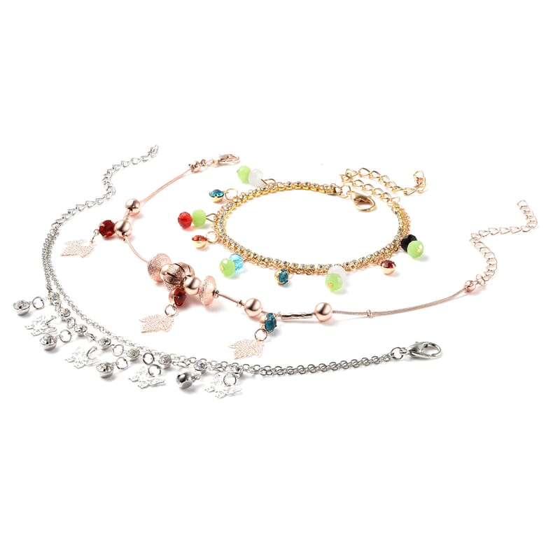 Set of 3 Multi Color Beaded, Austrian Crystal Charm Anklets (8-11in) in Multitone