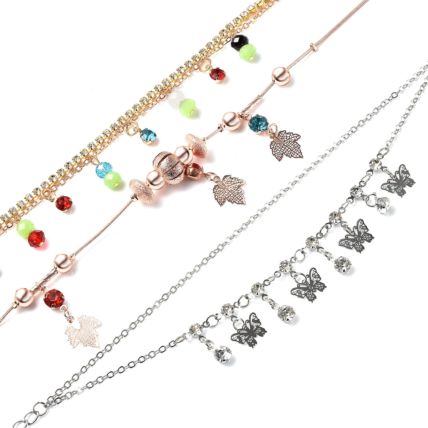 Set of 3 Multi Color Beaded, Austrian Crystal Charm Anklets (8-11in) in Multitone
