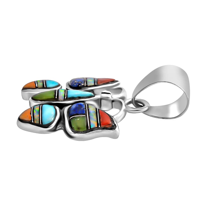 Santa Fe Style Lapis Lazuli and Multi Gemstone Butterfly Pendant without Chain in Sterling Silver 0.75 ctw