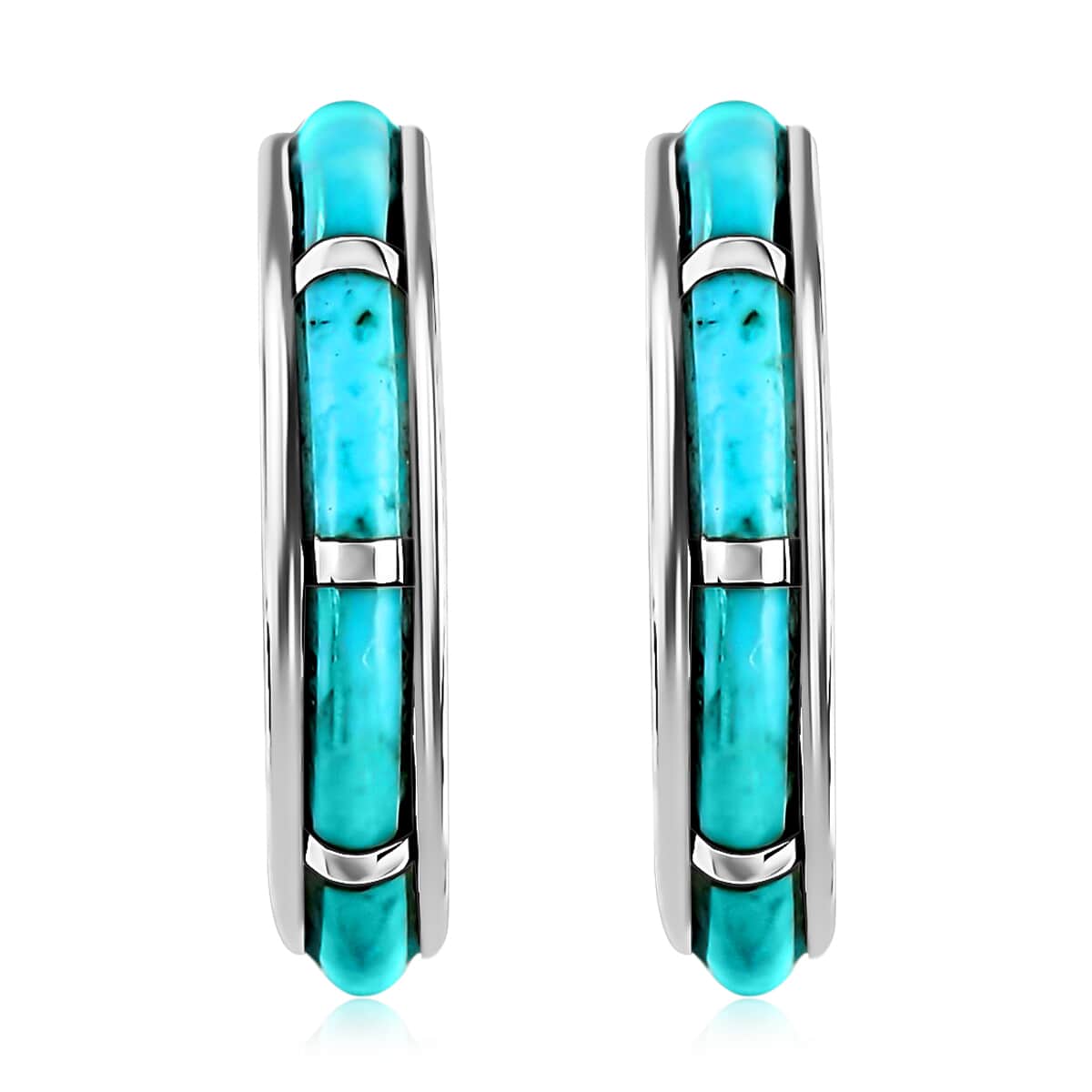 Santa Fe Style Kingman Turquoise J-Hoop Earrings for Women in Sterling Silver, Boho Western Jewelry 2.25 ctw image number 0