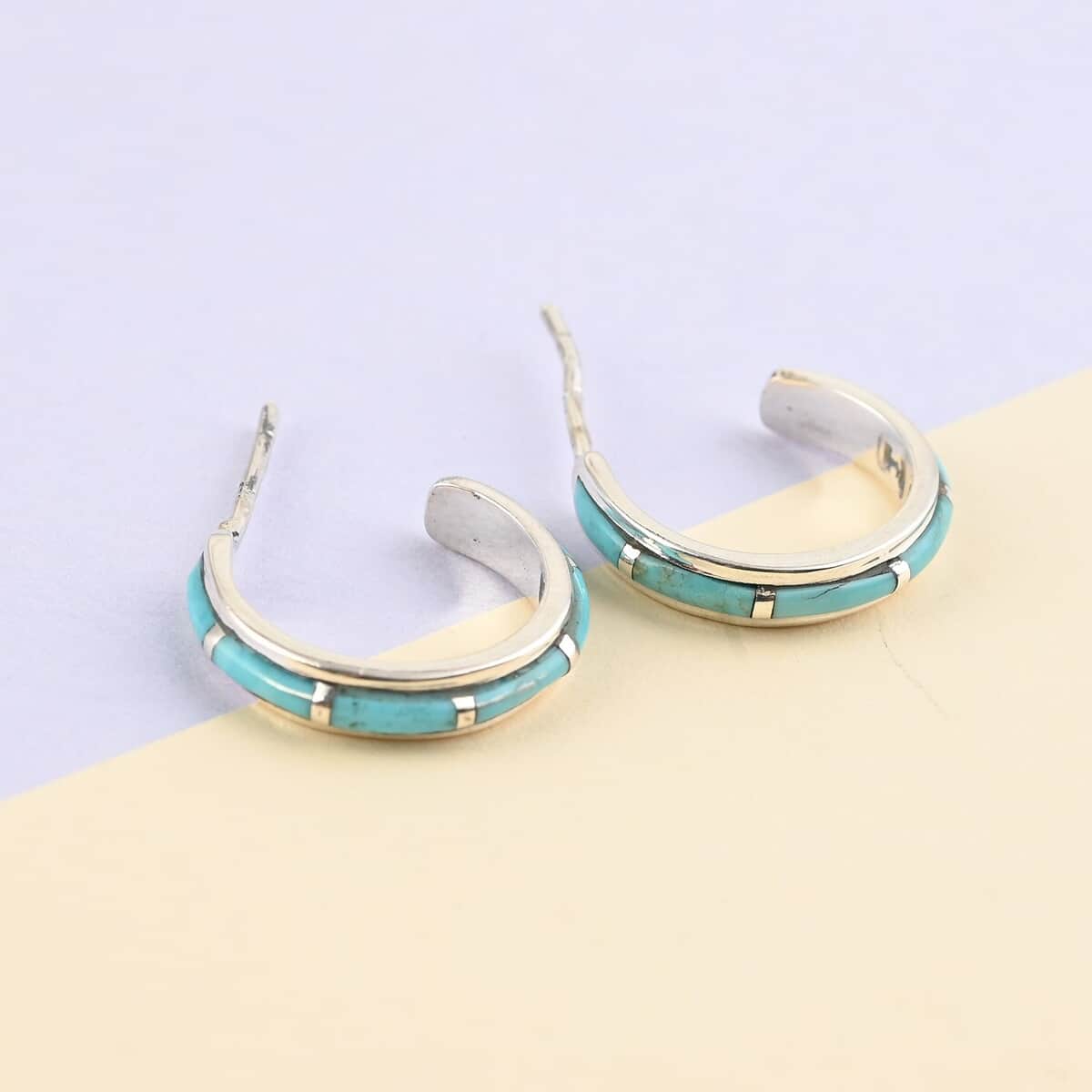 Santa Fe Style Kingman Turquoise J-Hoop Earrings for Women in Sterling Silver, Boho Western Jewelry 2.25 ctw image number 1