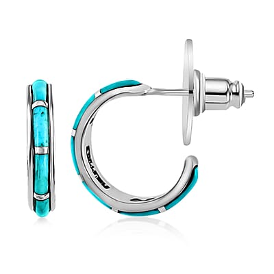 Santa Fe Style Kingman Turquoise J-Hoop Earrings for Women in Sterling Silver, Boho Western Jewelry 2.25 ctw