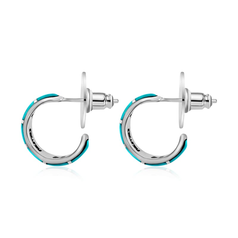 Santa Fe Style Kingman Turquoise J-Hoop Earrings for Women in Sterling Silver, Boho Western Jewelry 2.25 ctw
