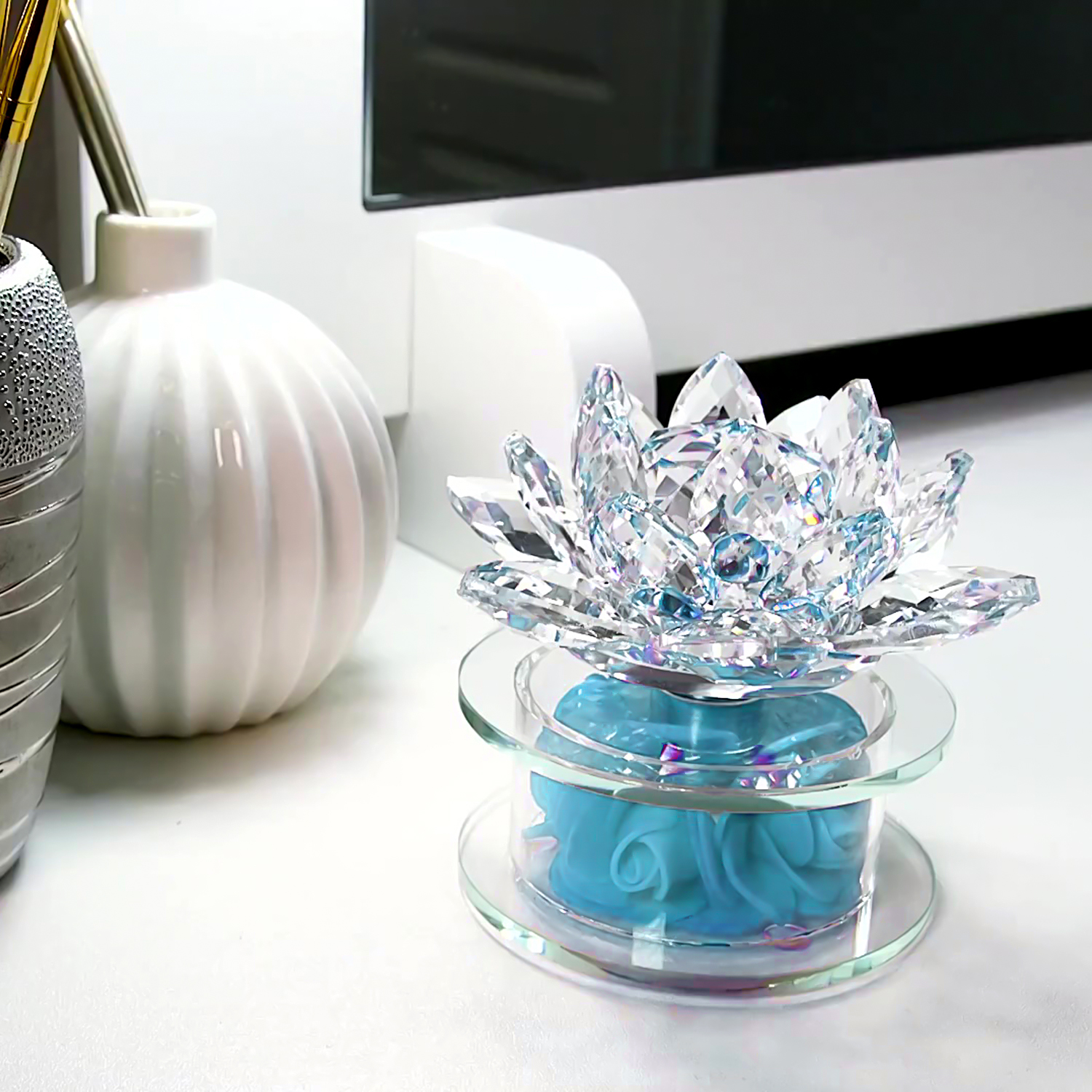 Blue Crystal Lotus Flower with Rotating Base and Gift Box | Flower Crystals | Decorative Crystal Room Decor | Crystal Decorations