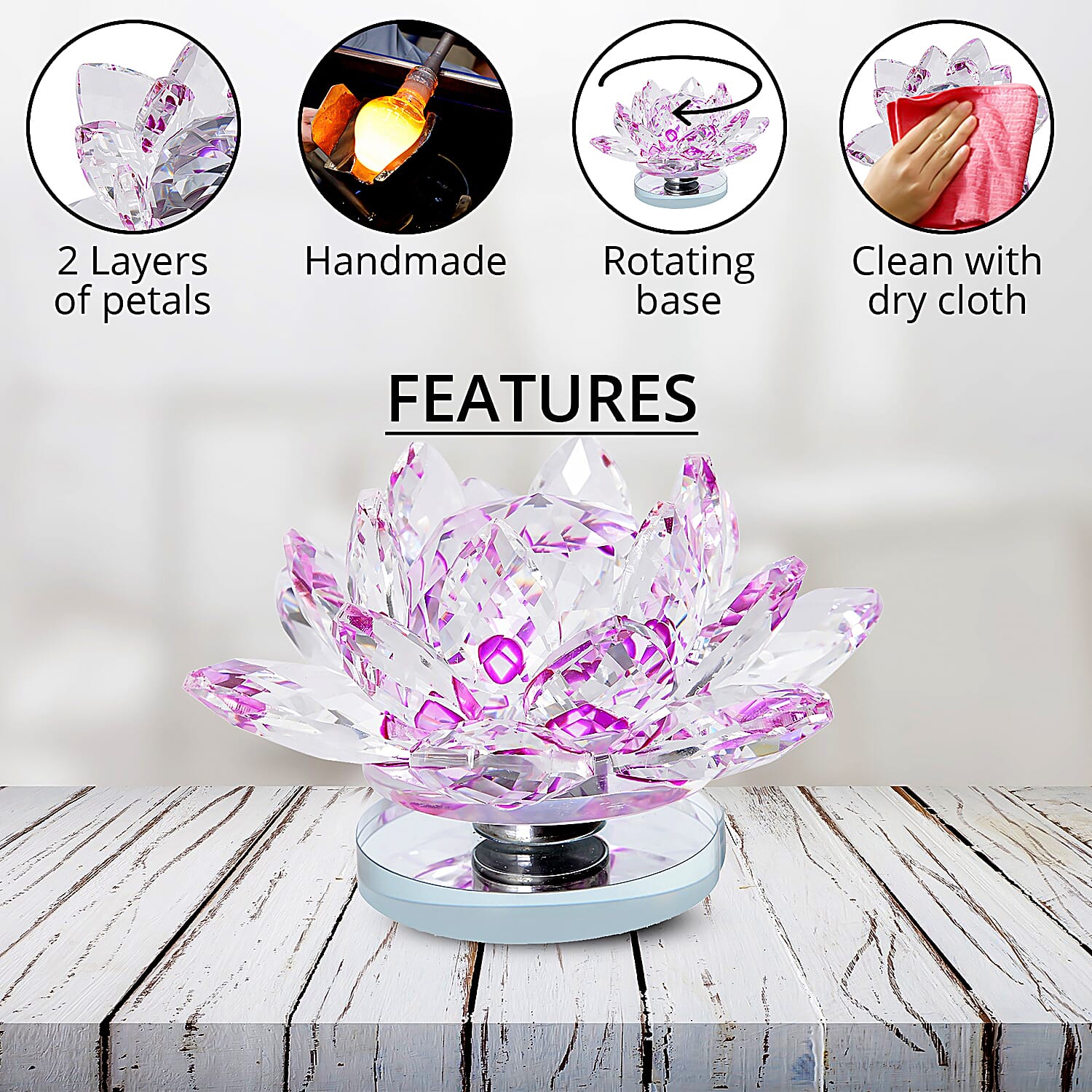 Purple Crystal Lotus Flower with Rotating Base and Gift Box , Flower Crystals , Decorative Crystal Room Decor , Crystal Decorations