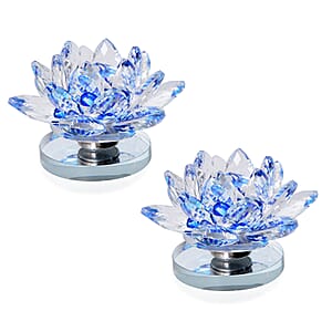 Set of 2 Blue Crystal Lotus Flower with Rotating Base Sculpted Decorations Gifts Box Case for Room Home Kitchen Table Decor, Home Decoration Items Gifts Decorative Showpiece