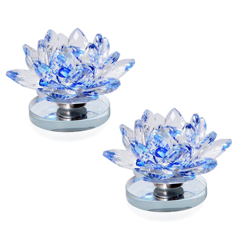 Set of 2 Blue Crystal Lotus Flower with Rotating Base Sculpted Decorations Gifts Box Case for Room Home Kitchen Table Decor, Home Decoration Items Gifts Decorative Showpiece