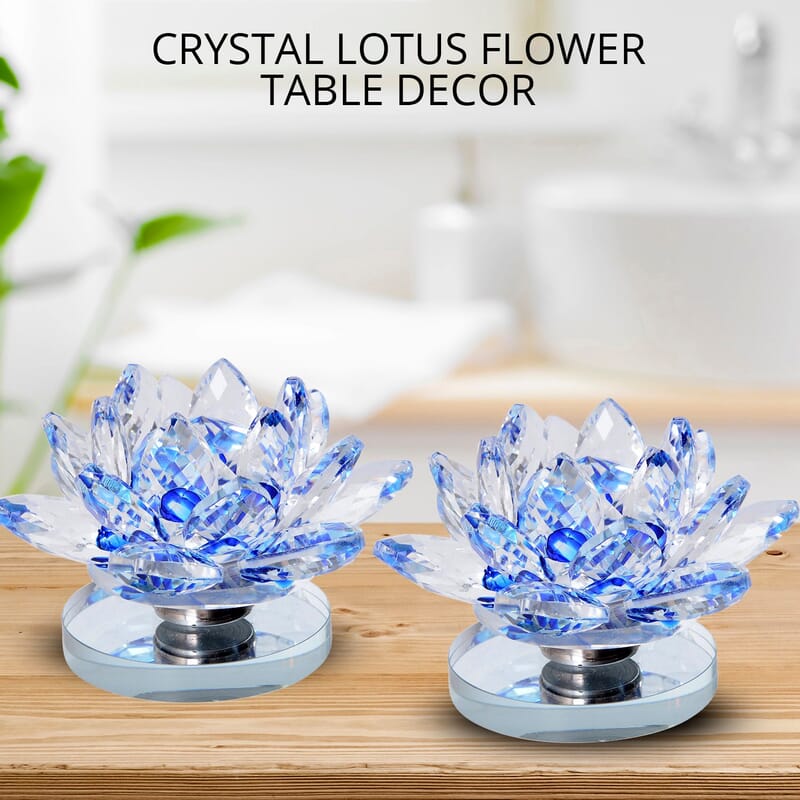 Set of 2 Blue Crystal Lotus Flower with Rotating Base Sculpted Decorations Gifts Box Case for Room Home Kitchen Table Decor, Home Decoration Items Gifts Decorative Showpiece