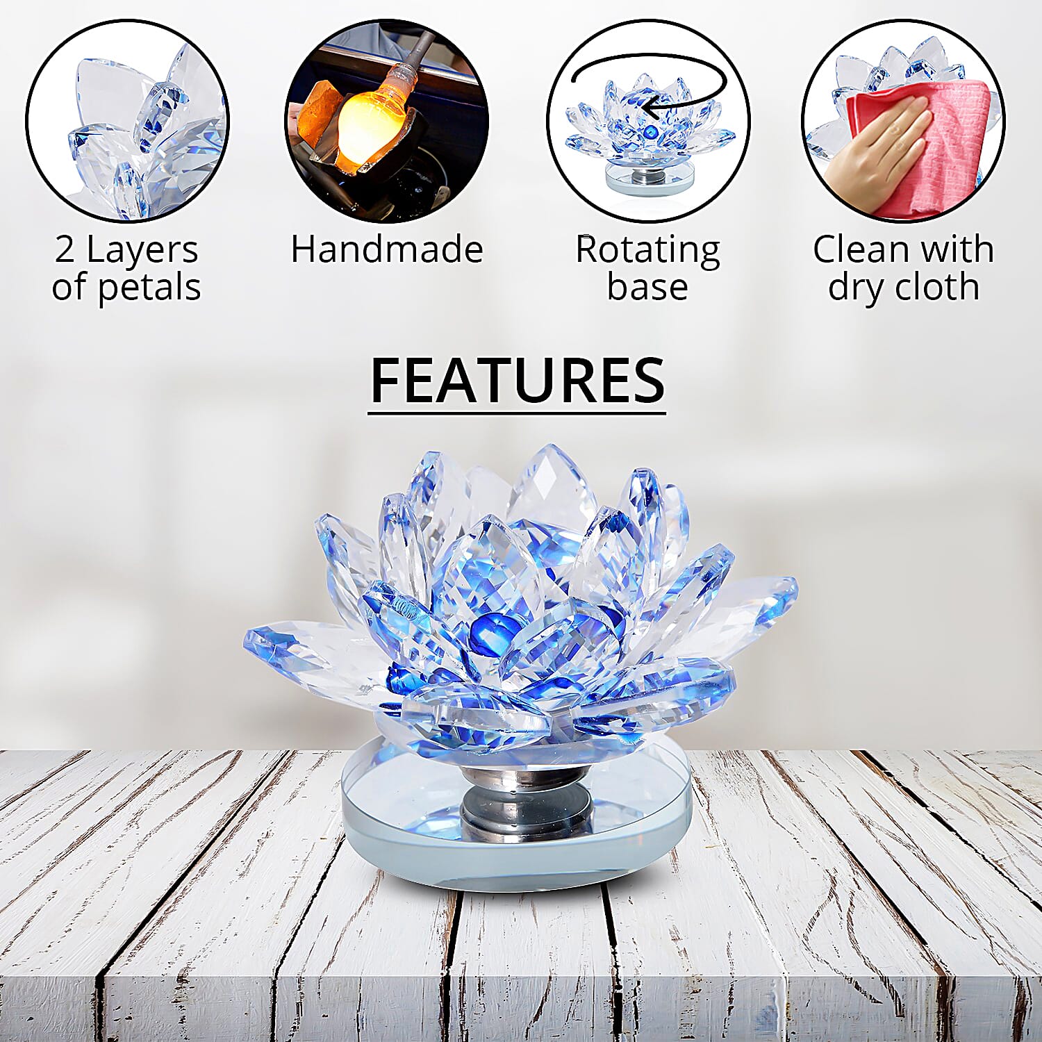 Set of 2 Blue Crystal Lotus Flower with Rotating Base Sculpted Decorations Gifts Box Case for Room Home Kitchen Table Decor, Home Decoration Items Gifts Decorative Showpiece