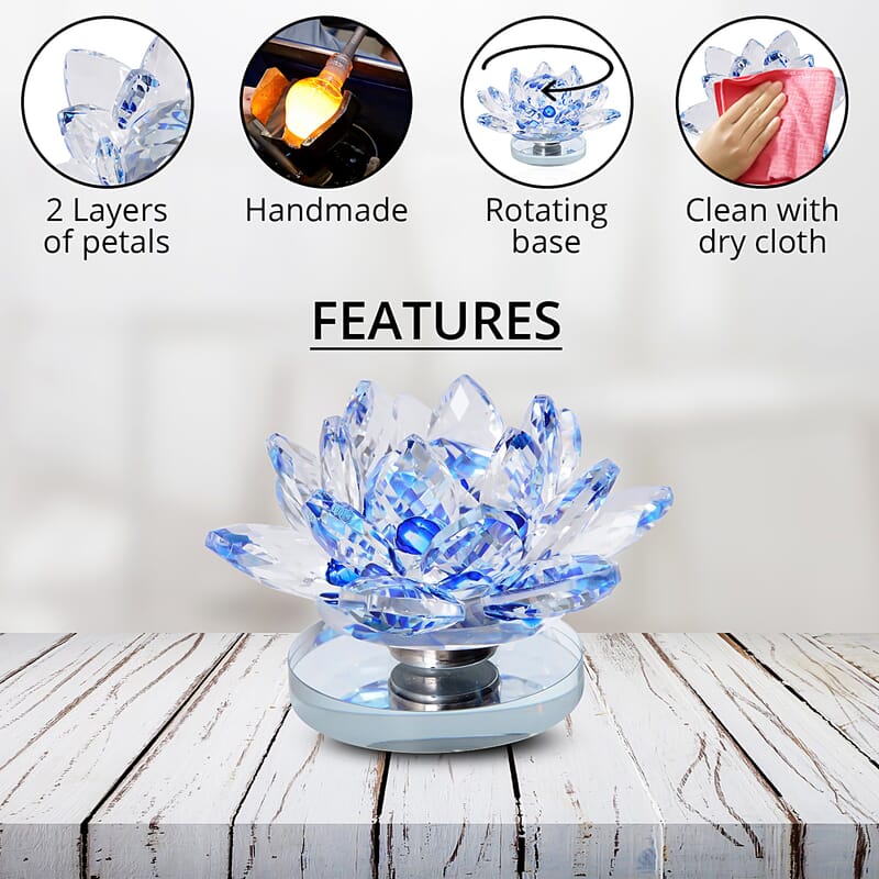 Set of 2 Blue Crystal Lotus Flower with Rotating Base Sculpted Decorations Gifts Box Case for Room Home Kitchen Table Decor, Home Decoration Items Gifts Decorative Showpiece