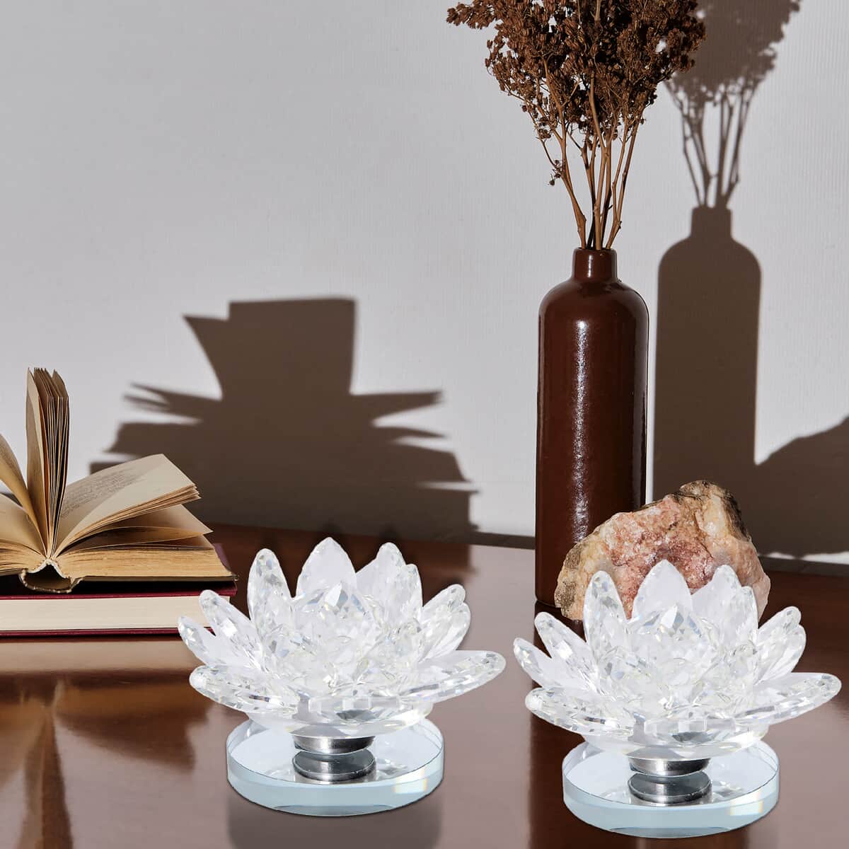 Set of 2 Clear Crystal Lotus Flower with Rotating Base Sculpted Decorations Gifts Box Case for Room Home Kitchen Table Decor, Home Decoration Items Gifts Decorative Showpiece image number 1