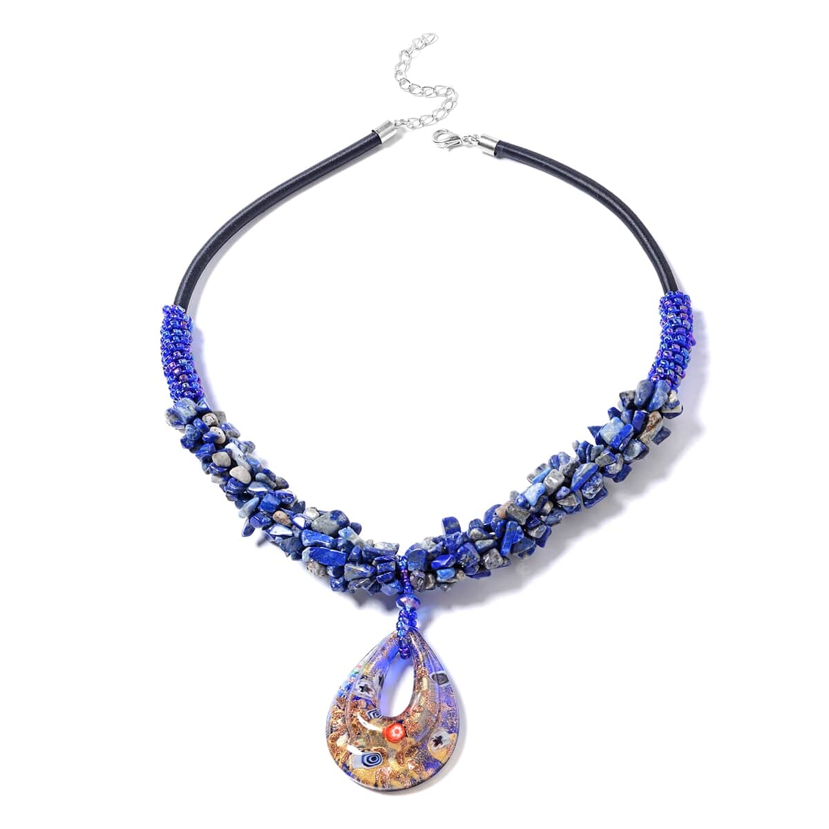 Lapis Lazuli and Blue Murano Style Necklace 20-23 Inches in Silvertone 314.00 ctw image number 0