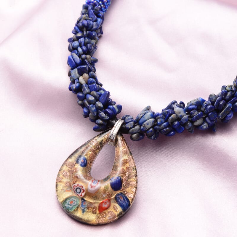 Lapis Lazuli and Blue Murano Style 314.00 ctw Necklace in Silvertone 20-23 Inches