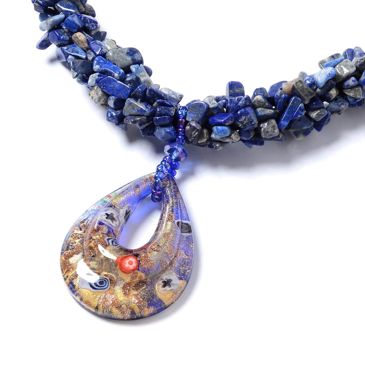 Lapis Lazuli and Blue Murano Style Necklace 20-23 Inches in Silvertone 314.00 ctw image number 2