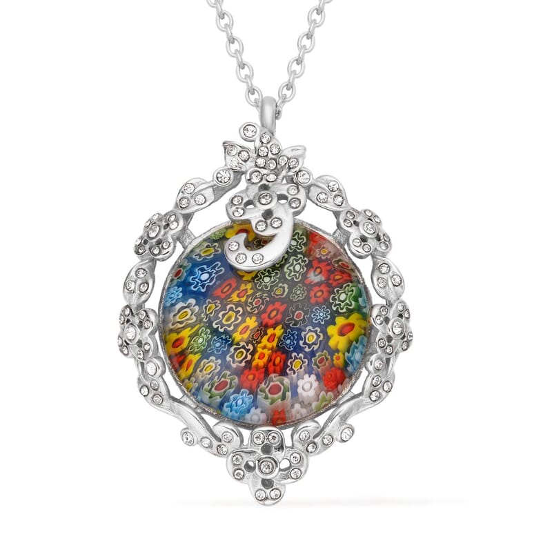 Multi Color Murano Style and Austrian Crystal Pendant Necklace 24 Inches in Stainless Steel