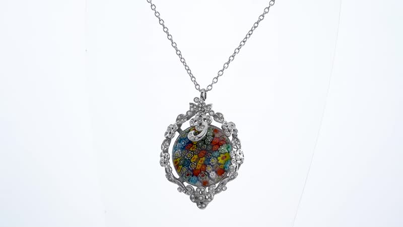 Multi Color Murano Style and Austrian Crystal Pendant Necklace 24 Inches in Stainless Steel
