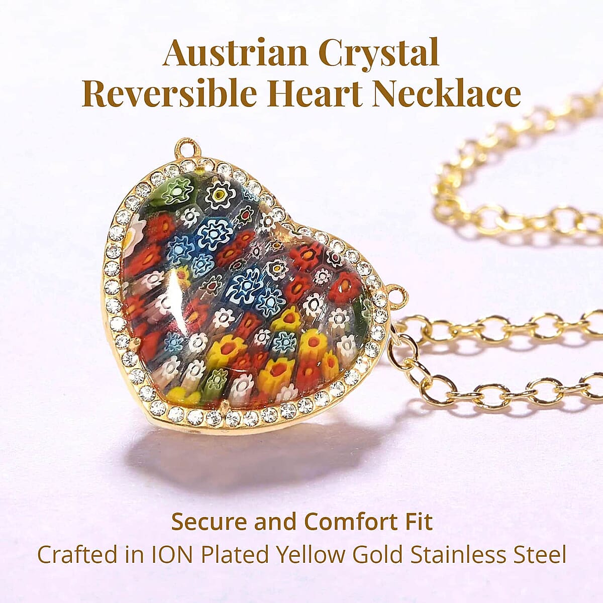 Lapis Lazuli, Multi Color Murano Style, Austrian Crystal Reversible Heart Necklace 20 Inches in ION Plated Yellow Gold Stainless Steel, Gift For Her 25.00 ctw image number 2