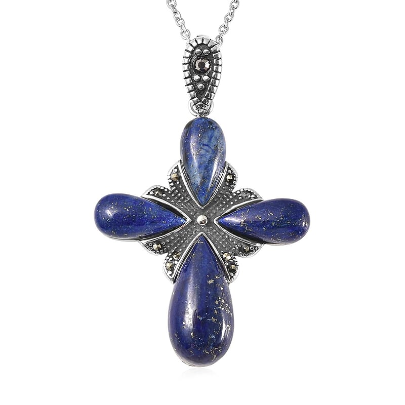 Lapis Lazuli 23.00 ctw and Swiss Marcasite Cross Pendant Necklace in Black Oxidized Stainless Steel 20 Inches