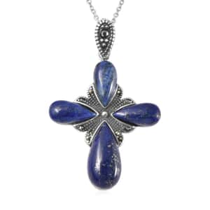Lapis Lazuli and Swiss Marcasite Cross Pendant Necklace 20 Inches in Black Oxidized Stainless Steel 23.00 ctw